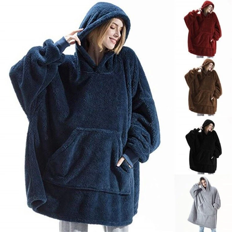 2024 Winter Women Double-faced Fleece Hoodie Blanket Oversize Large Pocket Warm Couple Loose Sweatshirts Women And Men Robe-animated-img