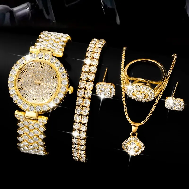 Women Gold Watch Ring Necklace Earrings Bracelet Set Diamond Fashion Wristwatch Female Casual Ladies Quartz Watches Jewelry Set-animated-img