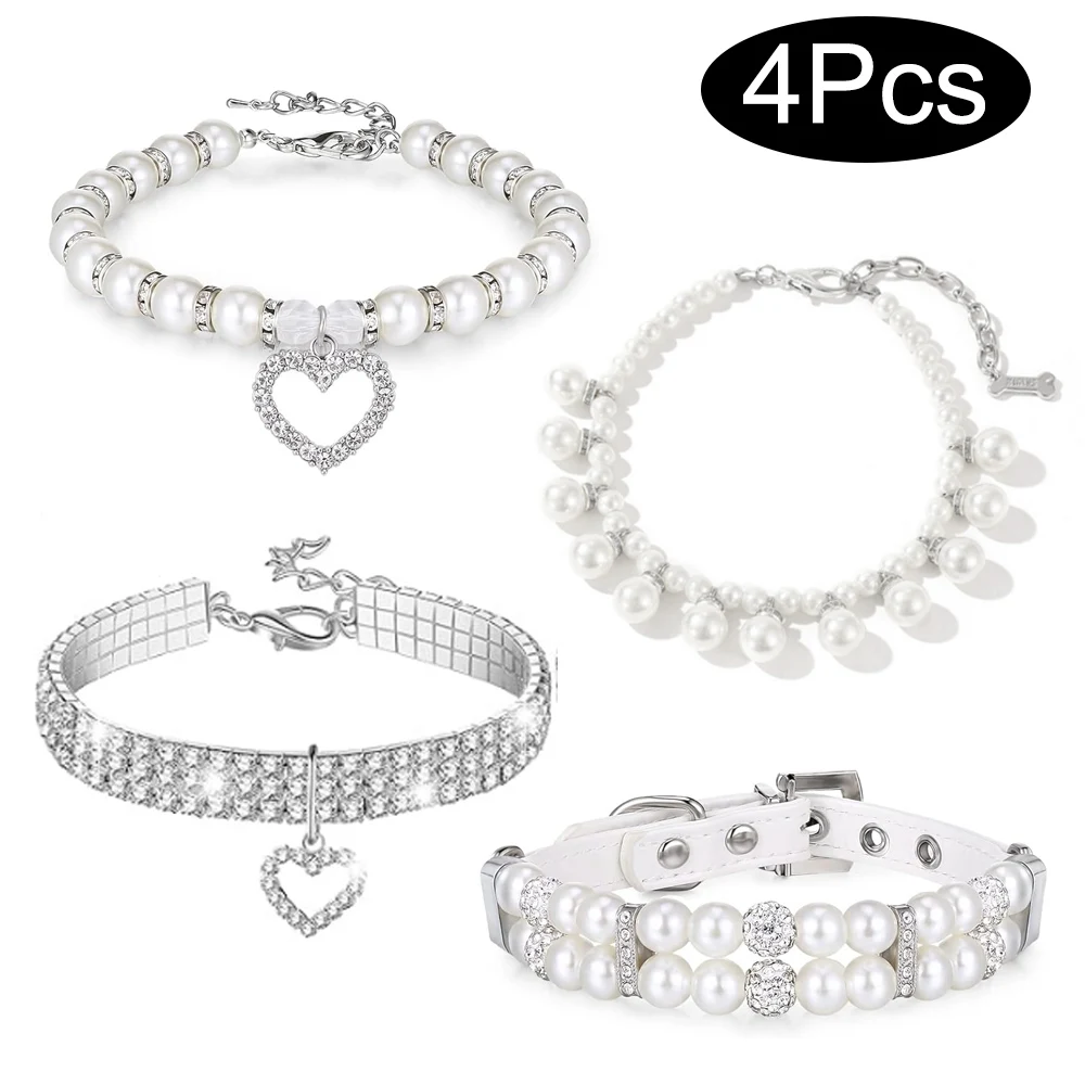 4 Pieces Luxury Dog Collars Adjustable Crystal Rhinestone Diamond Luxury Pearl Cat Dog Collars Pearls Luxury Pet Necklace Collar-animated-img