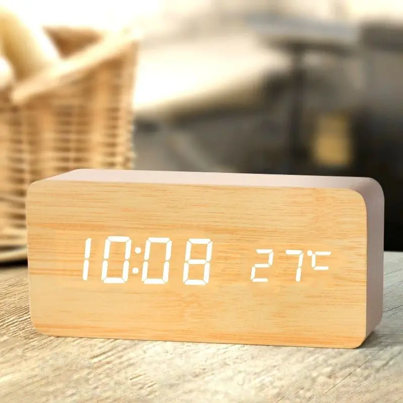 Wooden Digital Alarm Clock, LED Alarm Clock with Temperature Desk Clocks for Office,Bedside Clock-animated-img