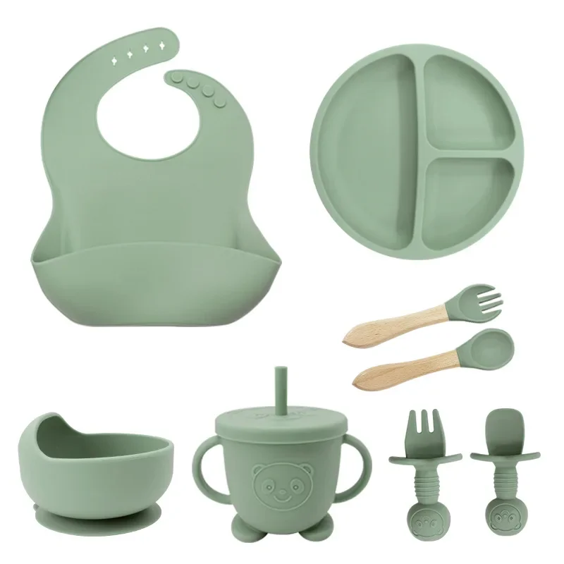 Children's Silicone Tableware Set Baby Bowl Spoon Fork Knife Utensils Eight-piece Set Food-grade Dinnerware Baby Feeding Cutlery-animated-img