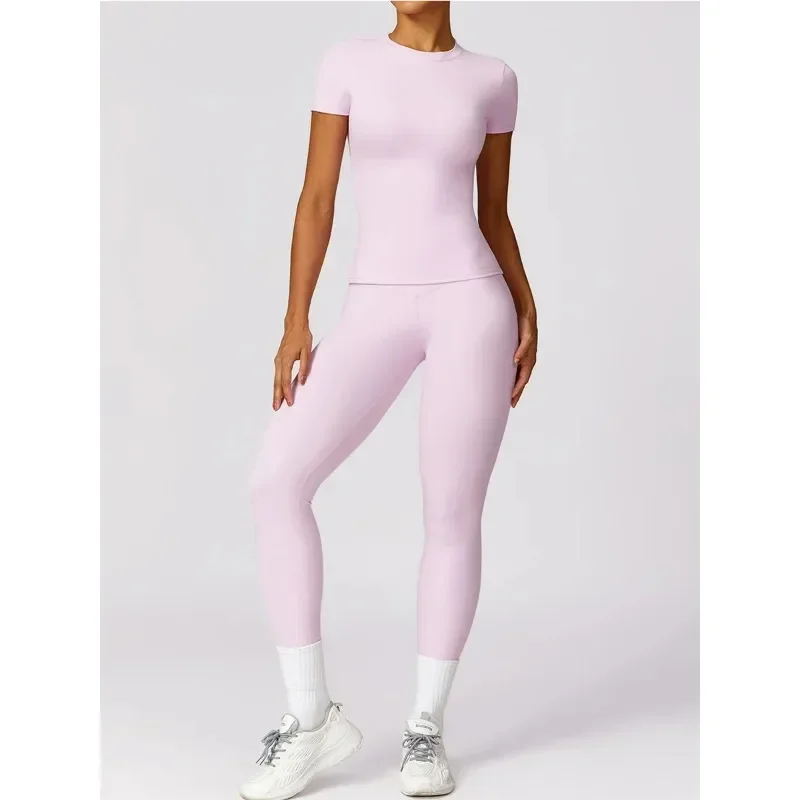 Seamless Yoga Set Women Pink Short Sleeve Top with High Waist Leggings Two Piece Workout Clothes Sports Fitness Gym Sets-animated-img