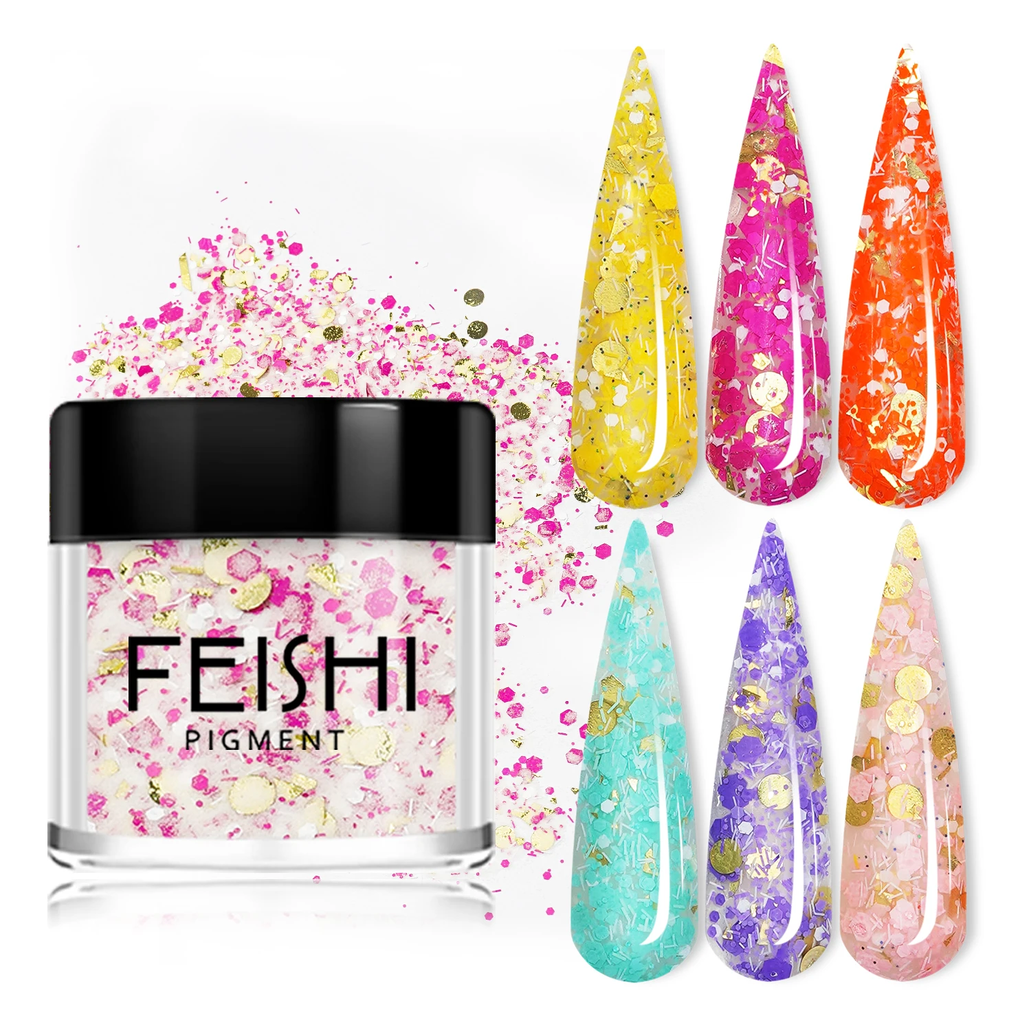 FEISHI Bottle 6 Color Dipping Pigment Acrylic Powder Nail Art Glitter DIY Design for Professional Manicure Extension Natural Dry