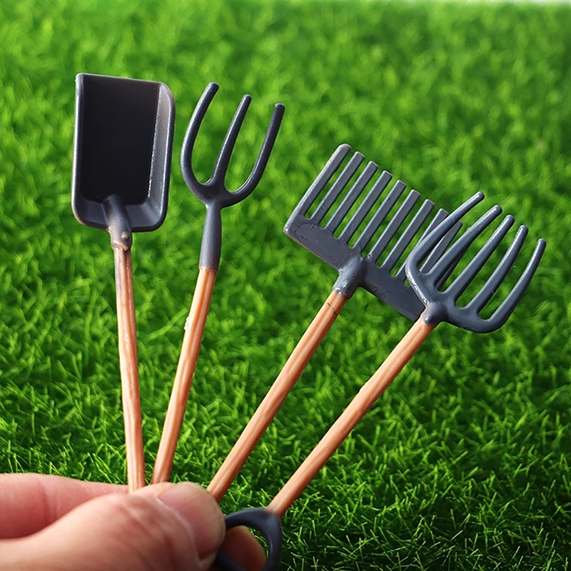 4Pcs 1:12 Dollhouse Miniature Gardening Tools Shovel Rake Hoes Model Farm Decor Toy Doll House Accessories-animated-img