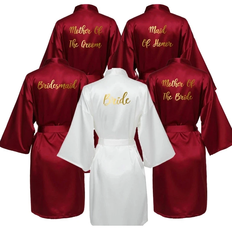 Silk Satin Robe Bride Robe Bridesmaid Robes Women Wedding Robes Bridal Robe Sleepwear Dressing Bathrobe Wine Red Gold Text-animated-img