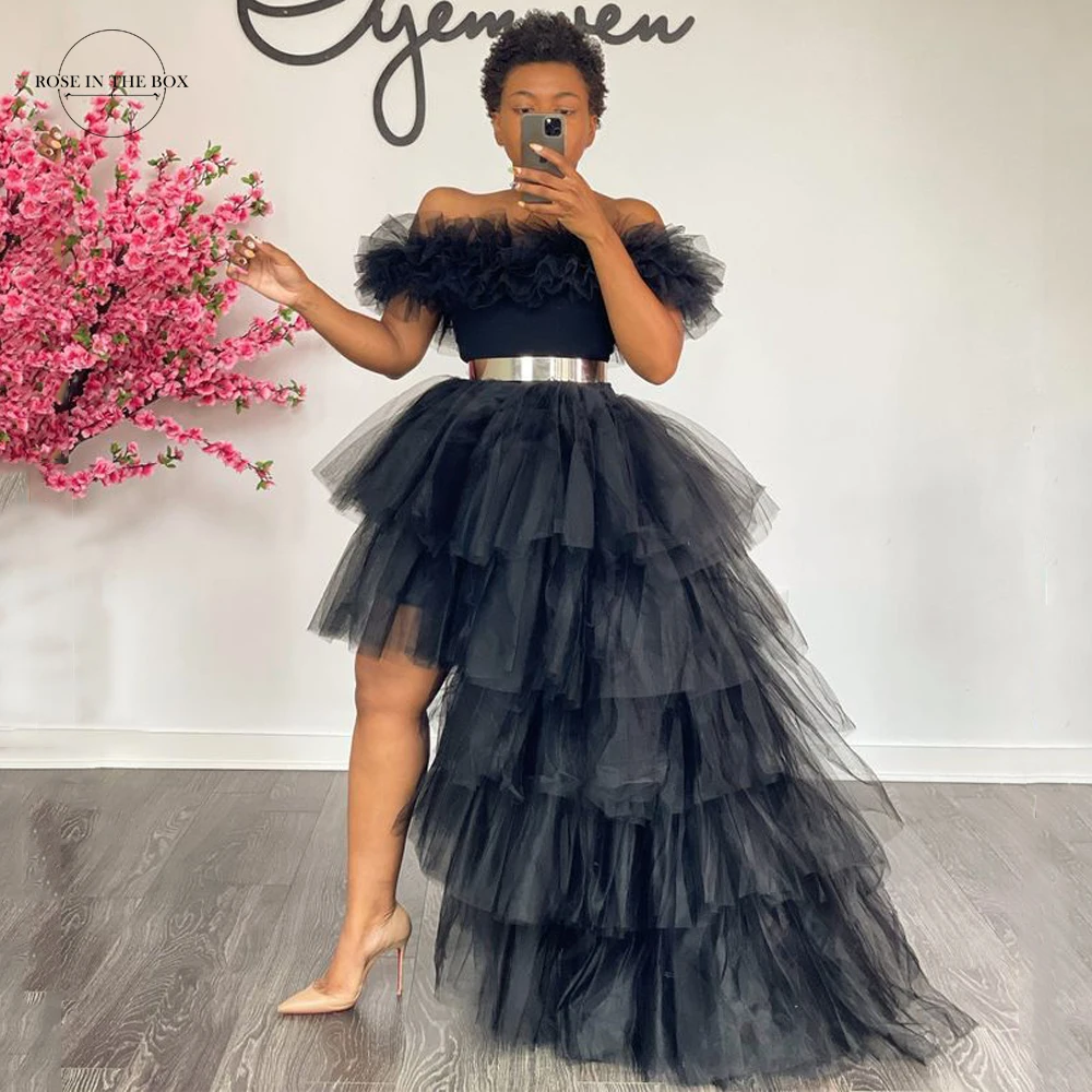 Chic Black Long Tulle Skirt Women Puffy Tiered Prom Skirts High Low Mesh Dress Party Night Maxi Gowns Jupon Cosplay-animated-img