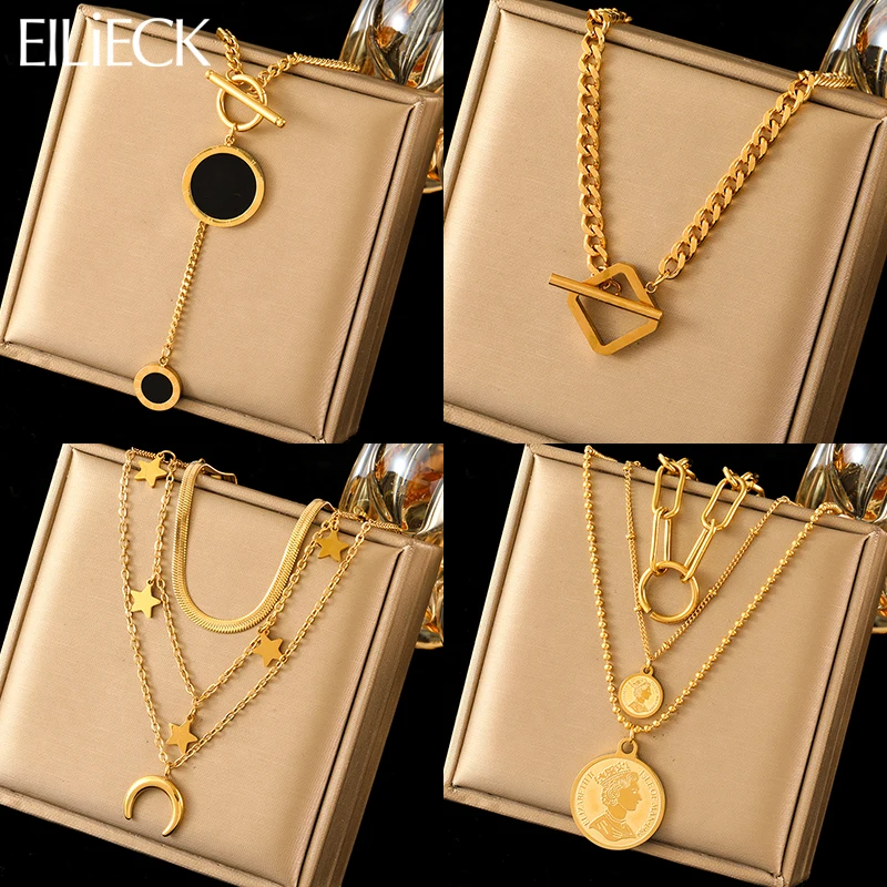 EILIECK 316L Stainless Steel Coin Roman Numeral Stars Pendant Necklace For Women Fashion Waterproof Neck Chain Jewelry Gift-animated-img