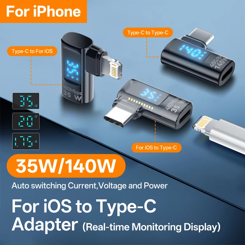 35W Type C to For lightning Adapter 90 Degree PD 140W iOS Fast Charging Power Tester For iPhone 16 15 14 13 Pro Max iPad USB C-animated-img