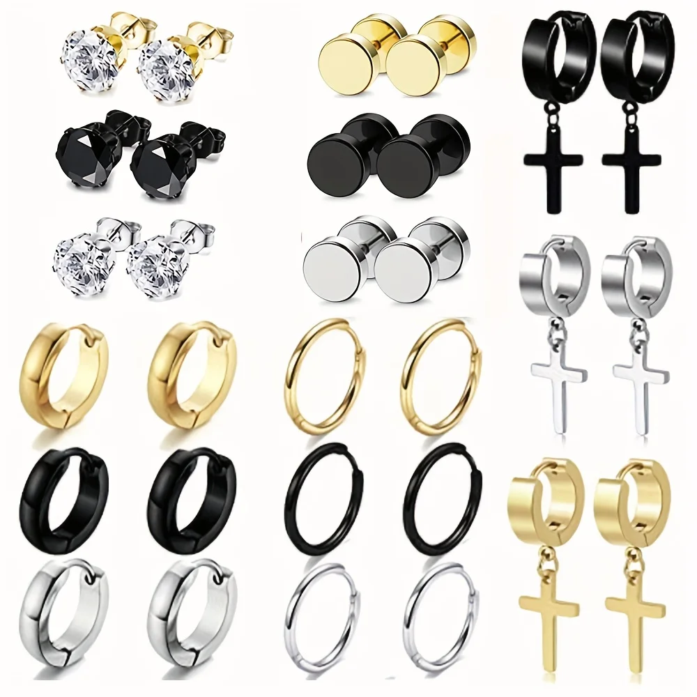 15pairs Earrings Set For Men Stainless Steel Stud Earrings Cross Dangle Hoop Earrings Set Fashion Ear Piercing Jewelry-animated-img