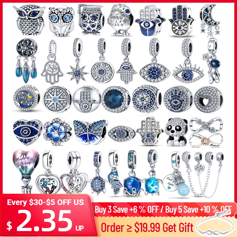 Charms Plata De Ley 925 Evil Eye Owl Hot Air Balloon Blue Charms Fit For Pandora Original Bracelet DIY Jewelry Making-animated-img