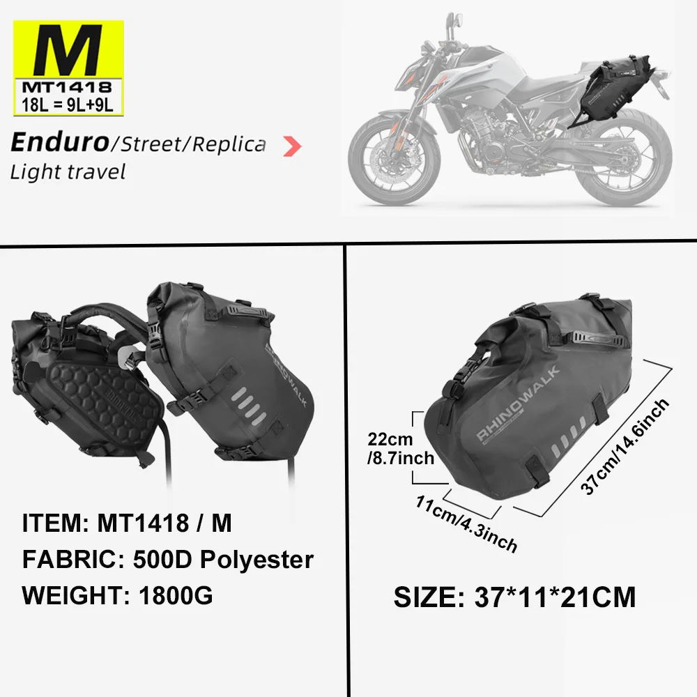 Rhinowalk Motorcycle Side Bag 2Pcs Waterproof 9L+9L Motorcross Saddlebag Motor Back Seat Tail Bag Fit Honda Suzuki Yamaha KTM-animated-img