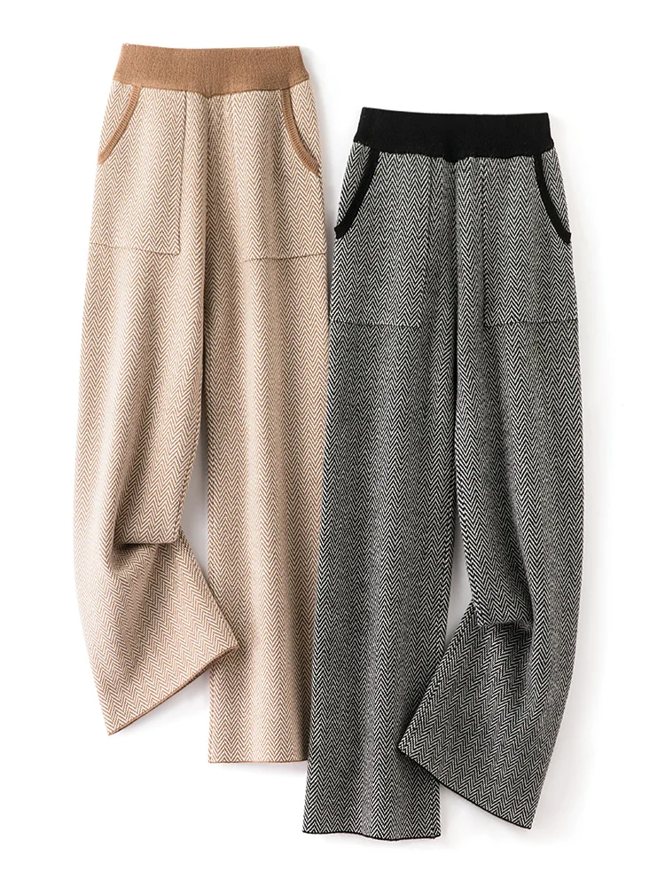 High Quality Women Herringbone Wide Leg Pants Thick Warm Casual 100% Merino Wool Trousers For Winter High Waist Pockets Pants-animated-img