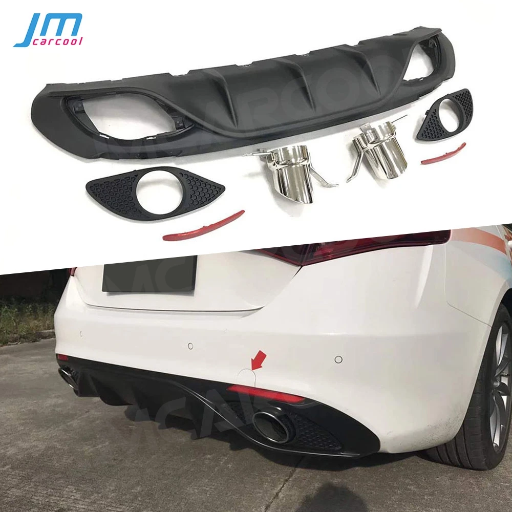 PP Car Rear Bumper Lip Diffuser With Exhaust Tips for Alfa Romeo Giulia Standard 2016-2019 Bumper Guard reflective Sport Version-animated-img