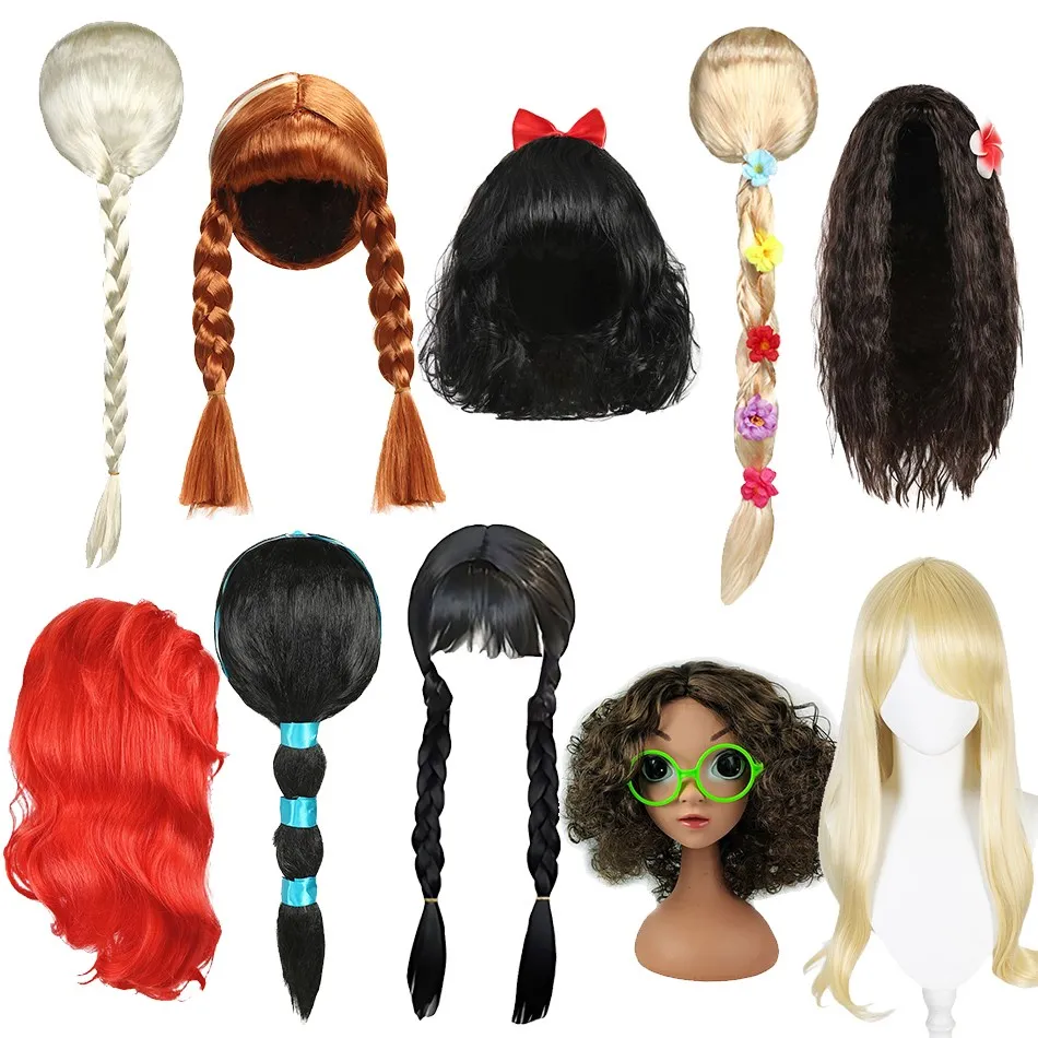 Girls Wednesday Wig Children Princess Cosplay Accessories Kids Rapunzel Elsa Anna Jasmine Mermaid Moana Mirabel Party Headwear-animated-img