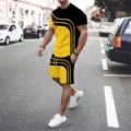 men's 3D letter line splicing outdoor vacation casual street wear round neck short sleeved T-shirt shorts sports set of 2 pieces preview-3
