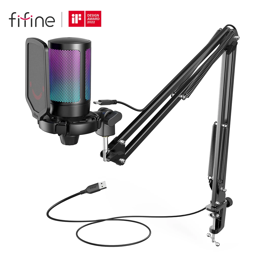 FIFINE USB Gaming Microphone Kit for PC,PS4/5 Condenser Cardioid Mic Set with Mute Button/RGB /Arm Stand,for Streaming Video-A6T-animated-img