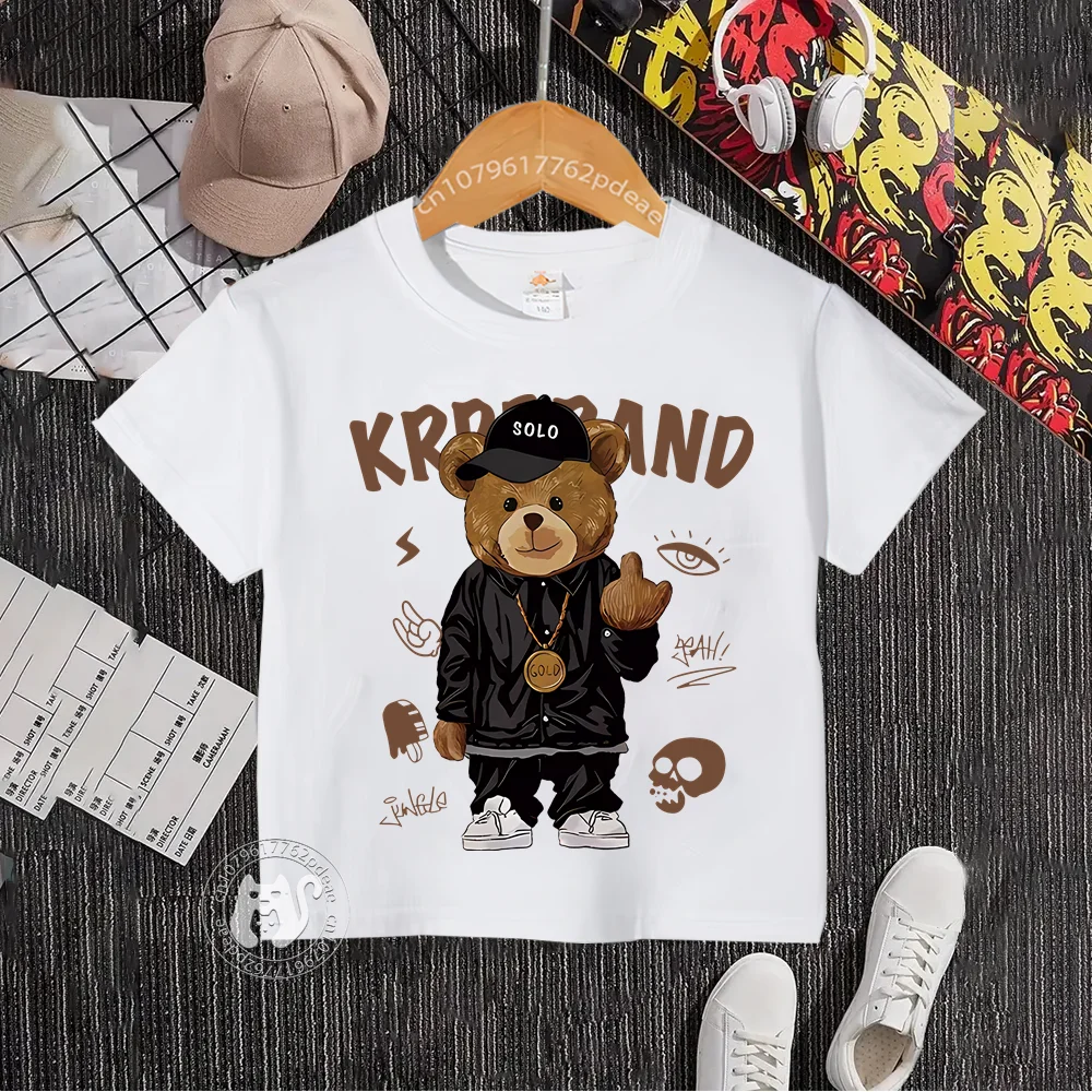 Kids Summer Brand 100% cotton crewneck T-shirt pullover Boys Girls Bear Print Top Cotton T-shirt Youth Hip Hop style short sleev-animated-img