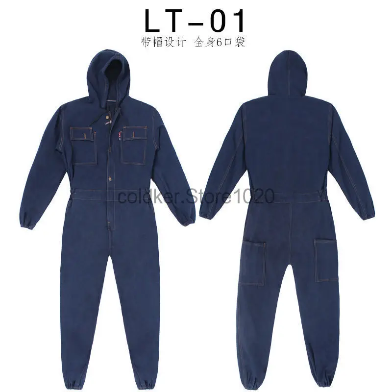 5xl Men's Denim Overalls Zipper Pocket Jumpsuit Unisex Fashion Electric Welding Suit Labor Insurance Clothes One-Piece Workwear-animated-img