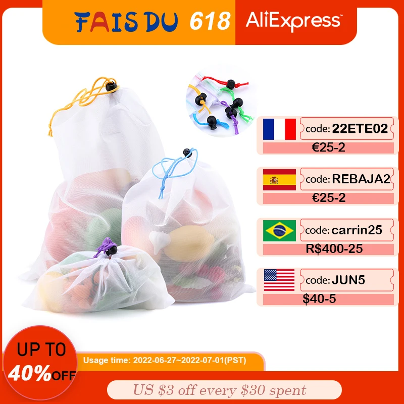 5pcs Colorful Reusable Fruit Vegetable Bags Net Bag Produce Washable Mesh Bags Kitchen Storage Bags Toys Sundries preview-7