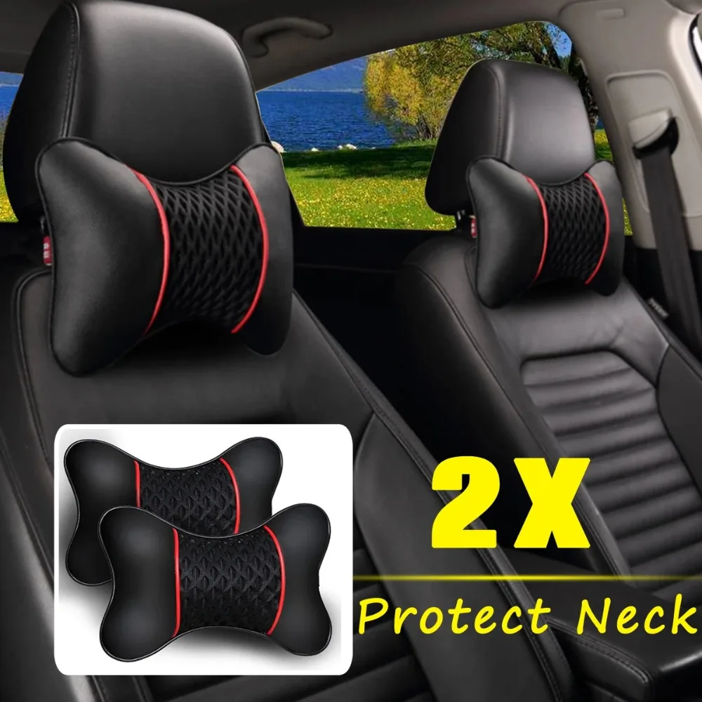 2Pcs Car Seat Neck Pillow Headrest Rest Cushion Support PU Leather Knitted Seat  Auto Black Safety Pillow car Accessories-animated-img
