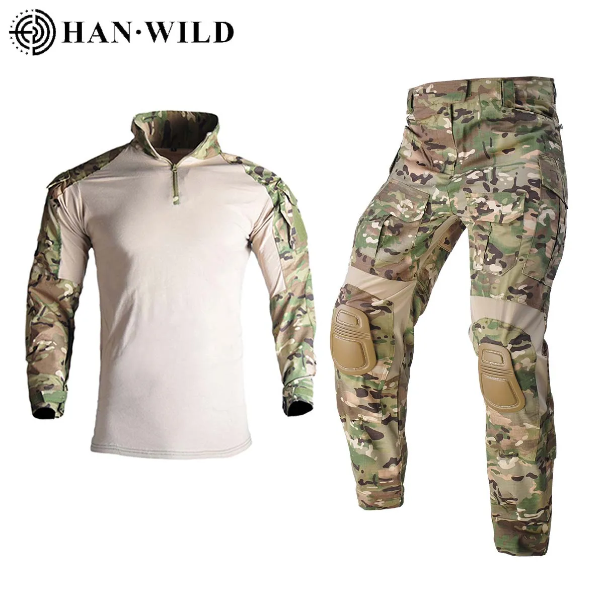 HAN WILD Hiking Airsoft Hunting Suits Uniform Camouflage Tactical Combat Set Men Clothing Shirts+Pants with Pads Camping Sets-animated-img