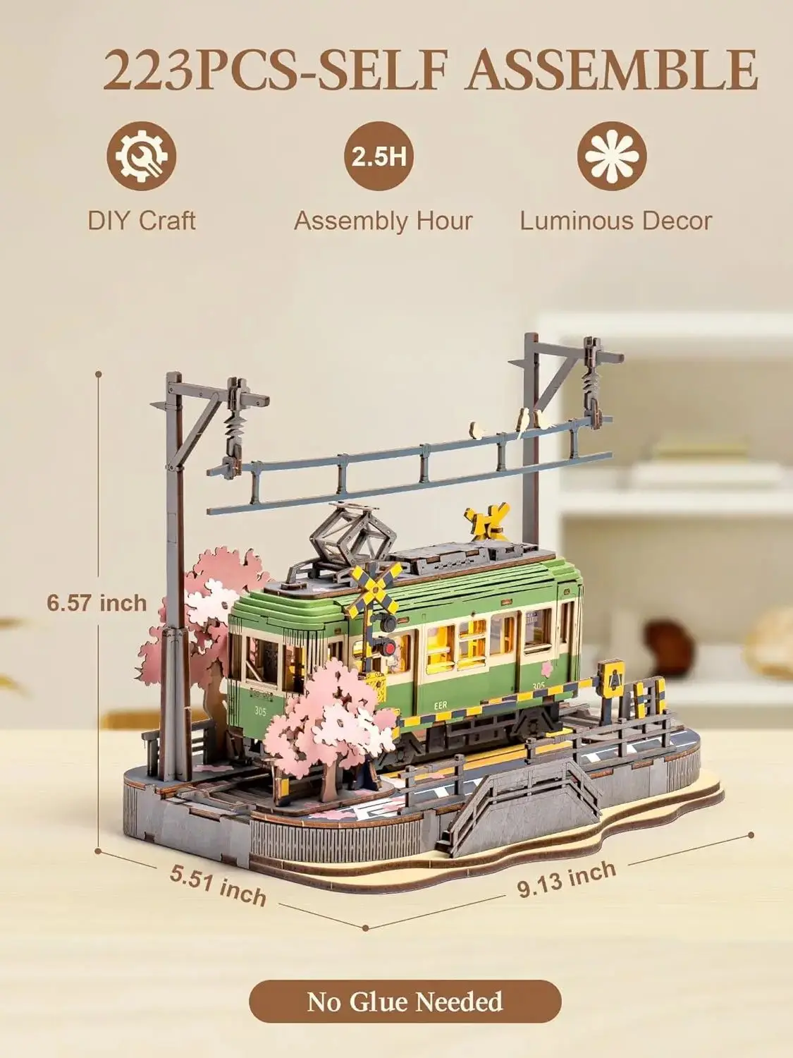 Robotime Sakura Journey Tram 3D Wooden Puzzles Model Car Kits Building Set Creative Gift STEM Toy for Girls Boys 223PCS-animated-img