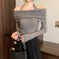 Autumn Winter New French Style Sensibility Off-shoulder Top Women's Versatile Halter Neck Slimming Soft Supple Knit Sweater preview-3