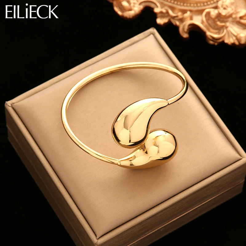 EILIECK 316L Stainless Steel Gold Color Glossy Waterdrop Bangle Bracelet Fashion Wrist Waterproof Jewelry For Women Bijoux Gift-animated-img