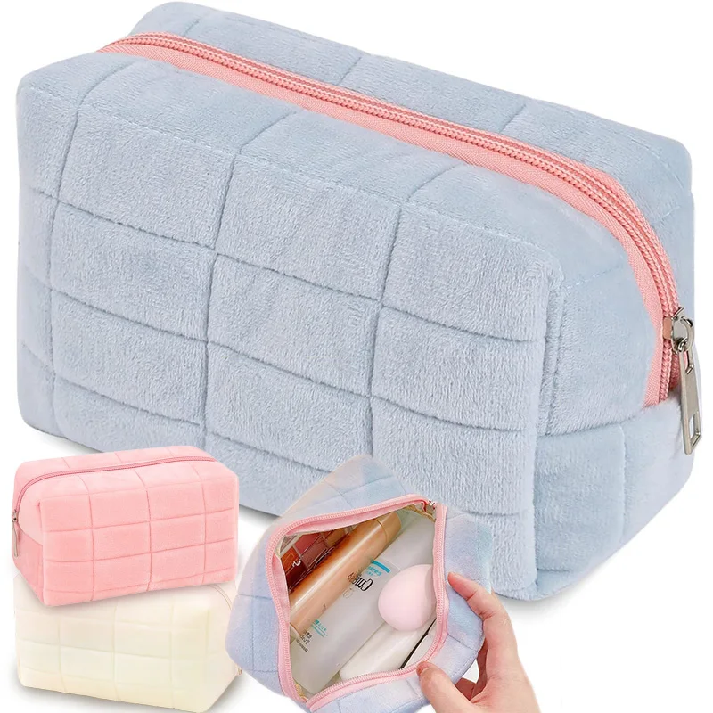 Women Zipper Fur Cosmetic Storage Bag Large Solid Makeup Organizer Handbag Stationery Pencil Case Travel Make Up Toiletry Punch-animated-img