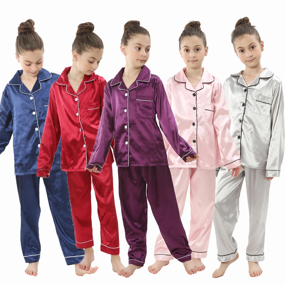 2pcs Baby Boys Girls Pajamas Kids Silk Satin Top Pant Long sleeve Solid Button-Down Pyjamas Satin Set Nightgown Child Sleepwear-animated-img