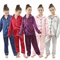 2pcs Baby Boys Girls Pajamas Kids Silk Satin Top Pant Long sleeve Solid Button-Down Pyjamas Satin Set Nightgown Child Sleepwear