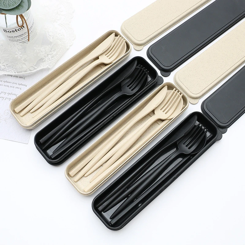 Cutlery Tableware Spoon Fork Chopsticks Safe  With Box Wheat Straw DinnerwareTravel Use Portable Kitchen Accessories 4PCS/Set-animated-img
