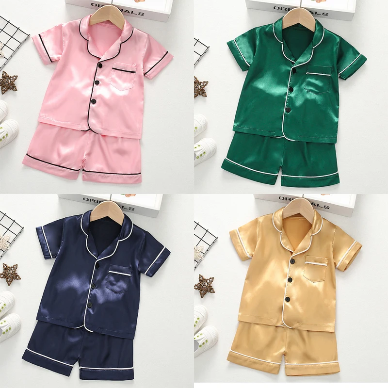 2024 New Summer Children Clothes Pajama Set Stain Silk Soft Solid Color Comfortable Clothing Kids Girls Boys Pajamas Sleepwear-animated-img