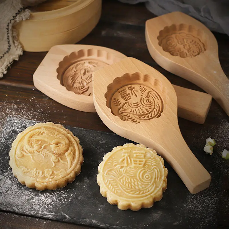 Chinese Cookie Moon Cake Mold Wooden Biscuit Model Baking Wood Bakeware Home Kitchen Dining Bar Pastry Tools DIY Flower Mooncake-animated-img