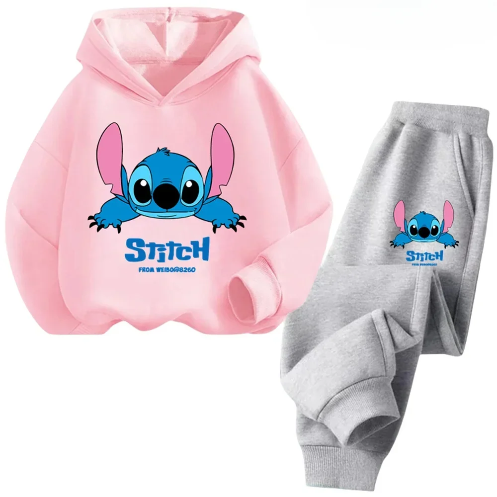 2024 Disney Stitch Cartoon Children Hoodie + Pants 2pcs Set Spring Autumn Fashion Clothing Boys Girls Sweatshirt Kid Sportsuit-animated-img