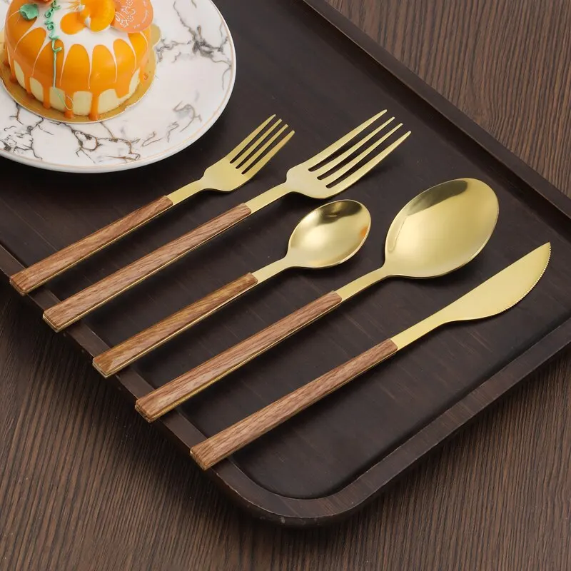 Western Imitation Wooden Handle Dinnerware Cutlery Set Stainless