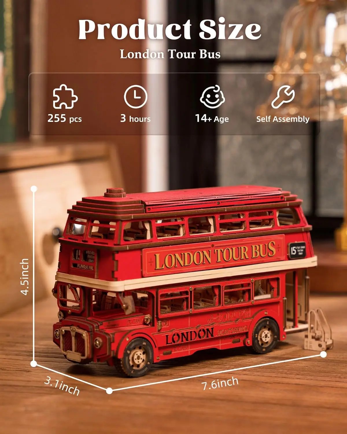 Robotime rolife London Tour Bus 3D Wooden Puzzles Wood Model Toy Car to Build Crafts Collectibles Gifts for Boys Girls-animated-img