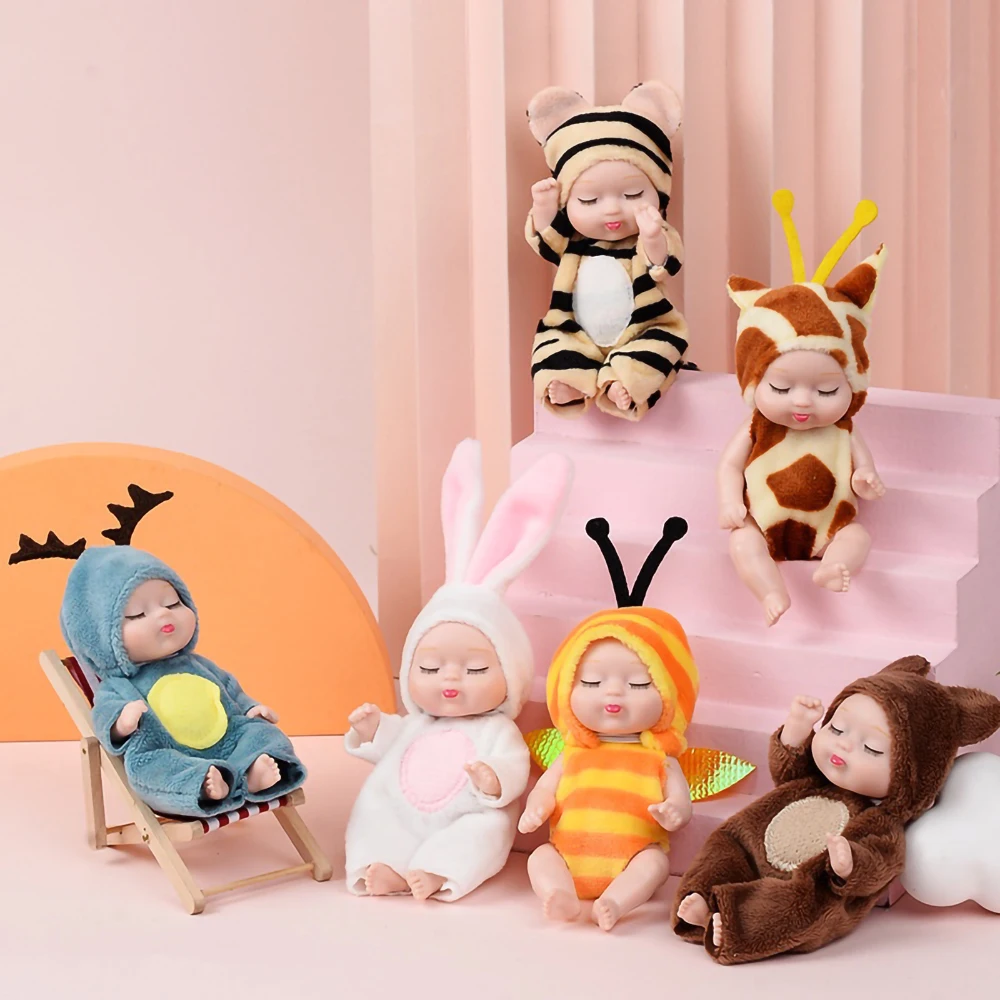 12cm Mini Reborn Doll with Cartoon Animal OP Costumes Cute Cute 4.3inch Sleep Series Reborn Baby Doll Kit Holiday Gift-animated-img