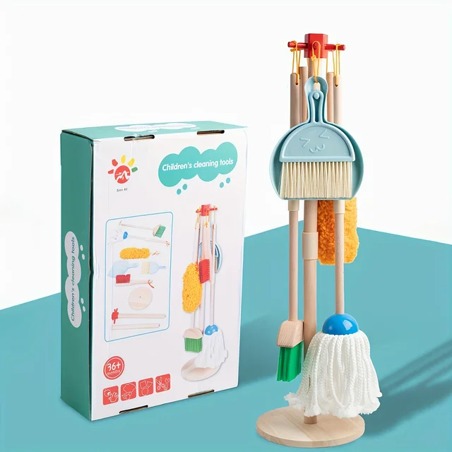 Wooden Kids Cleaning Set For Toddlers,8 Pieces Montessori Cleaning Toys With Kids Broom And Mop Set, Pretend Play Toy Gift-animated-img