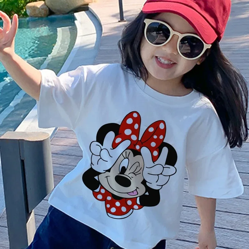 Disney Series Mickey Minnie Anime Clothes T-shirt Boy Girl Casual Summer White Pink Cotton Children's Clothing Baby Kawaii Tees-animated-img