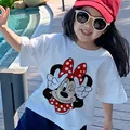 Disney Series Mickey Minnie Anime Clothes T-shirt Boy Girl Casual Summer White Pink Cotton Children's Clothing Baby Kawaii Tees