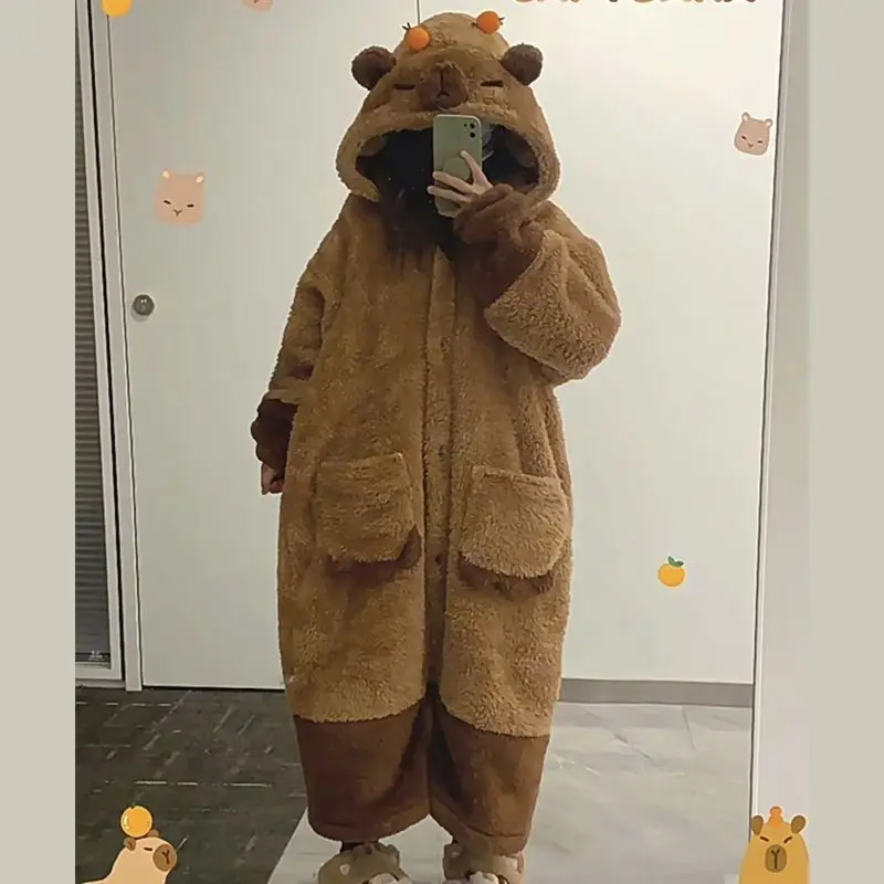 Winter Adult Robe With Pants Capybara Cosplay Costume Home Robes Kigurumi Onesie Anime Nightgown Halloween Women Cartoon Pajamas-animated-img