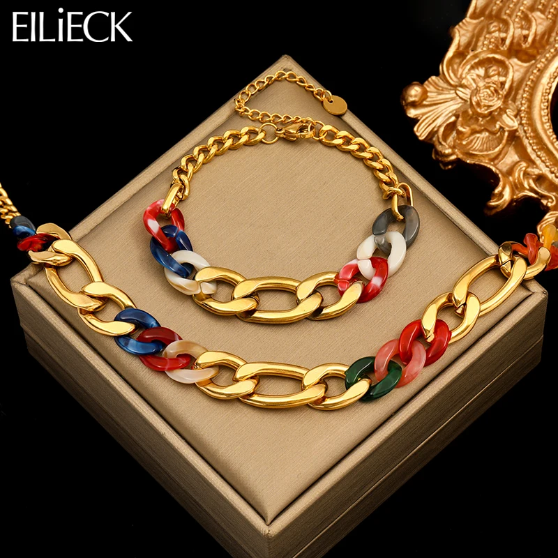 EILIECK 316L Stainless Steel Thick Chain Necklace Bracelet For Women Fashion Trendy Exaggerated Punk Jewelry Set Gift Party-animated-img