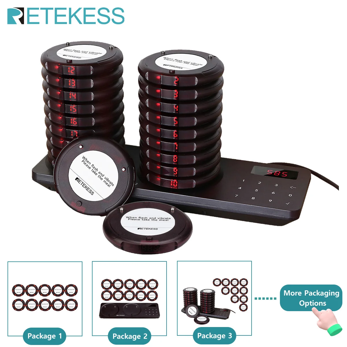 Retekess TD163 restaurant pager wireless calling system vibrator coaster buzzer beeper receivers for cafe bar food truck hotel-animated-img