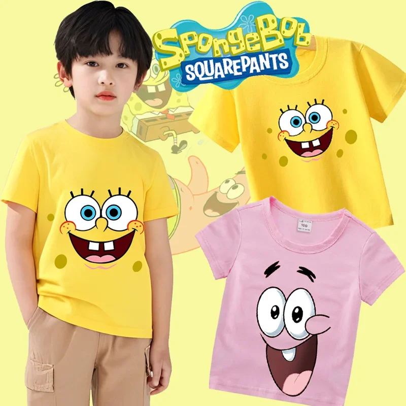 SpongeBobs SquarePants Children Clothing Anime Summer Short Sleeve Cute Patrick Star Clothes Cotton T-shirt Cartoon Kids Tops-animated-img