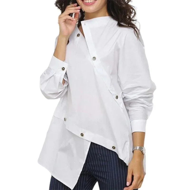 Gymystars Women Clothing White Blouses Casual Commuting Asymmetric Buttoned Split-Front Long Sleeves Simple Tops Female Shirts-animated-img