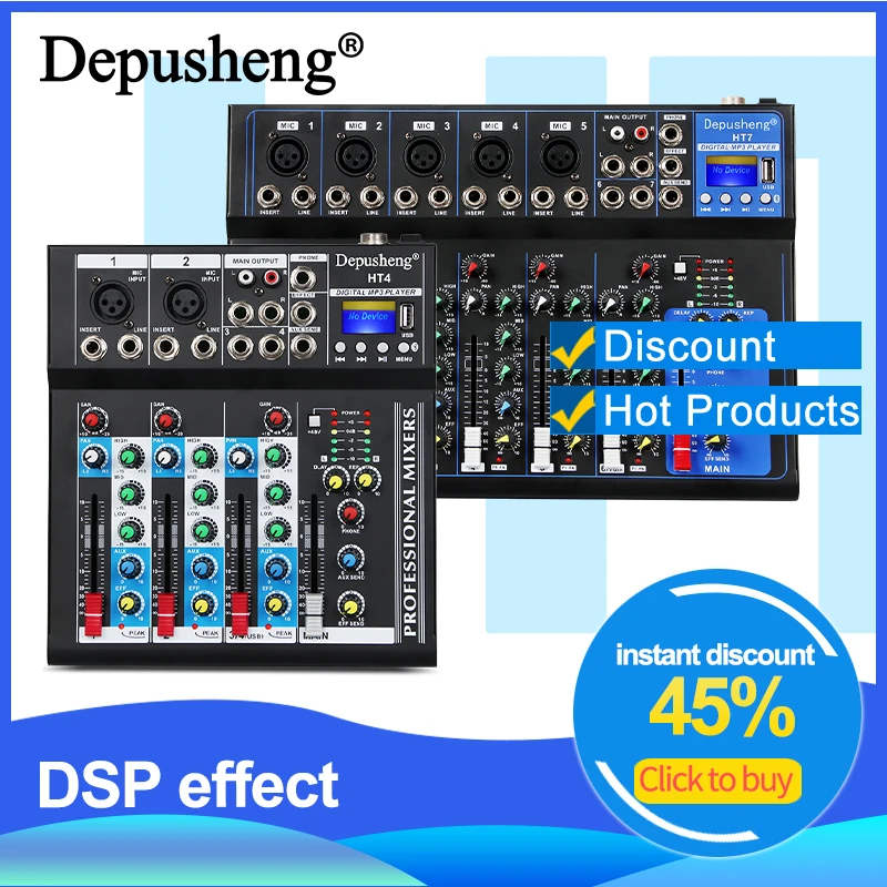 Mixer Audio Depusheng HT4 4 Channel Sound Mixing Boards Professional Portable Digital DJ Console with USB For Studio Record-animated-img