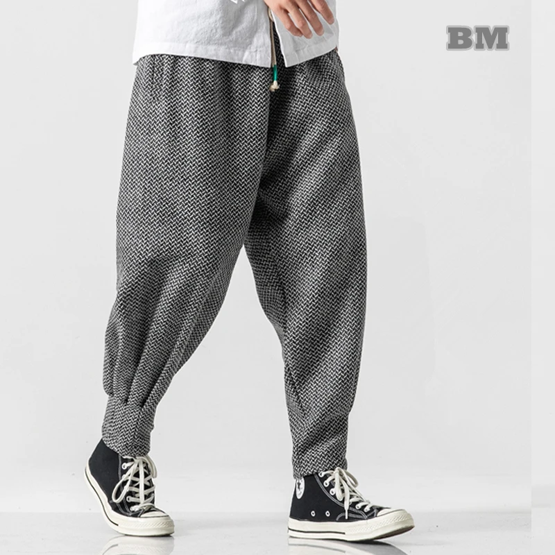 Men Cotton Linen Baggy Wide Leg Pants Men Hanging Crotch Hip Hop
