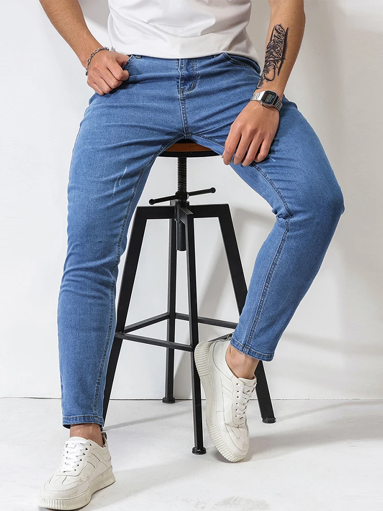 High Street Fashion Scratched Slim fit Jeans Man Pants Students Harajuku Streetwear Sky Blue Casual Daily Pants Male Trousers