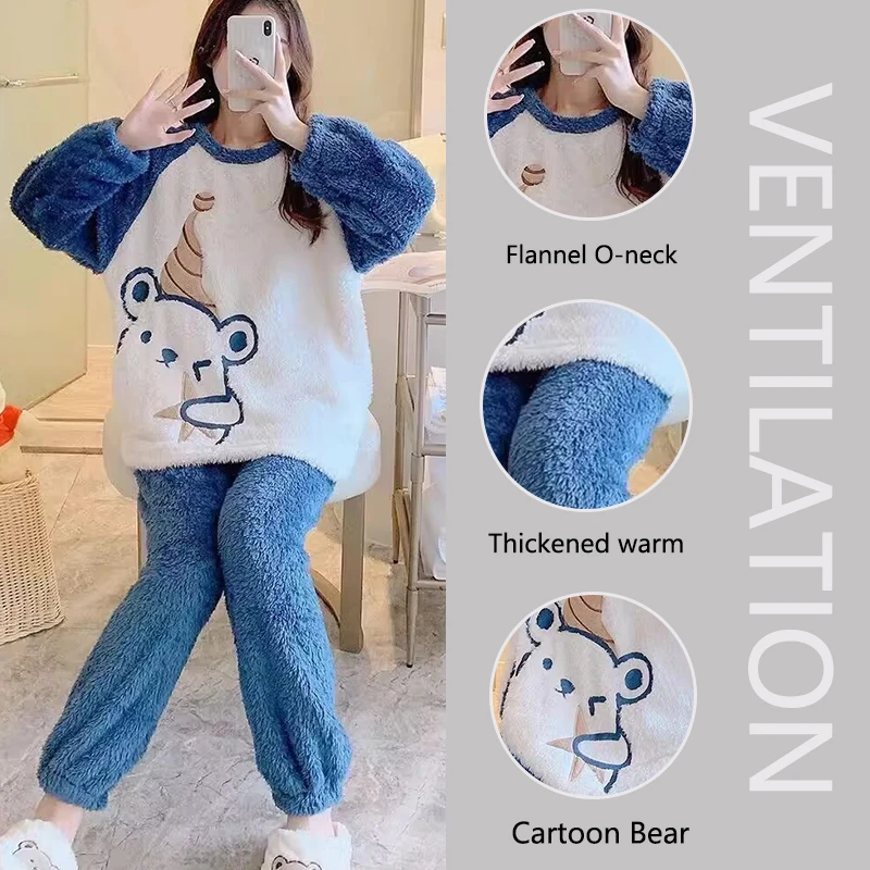 Thickened Warm Flannel Women's Sleepwear Coral Velvet Pajamas Loungewear Winter Cartoon Bear Padded Girl Nightwear Homewear Sets-animated-img